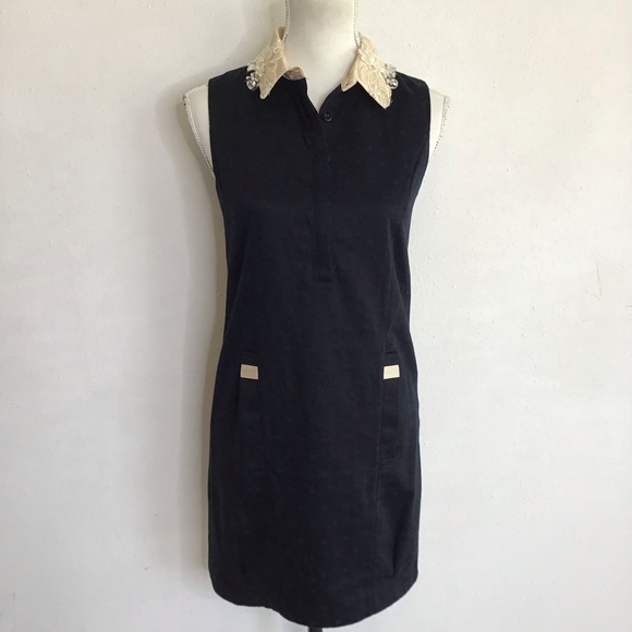 IROO Moderato Black Cream Lace Floral Collar, Button Up Sleeveless Mini Dress 38 - Picture 1 of 9